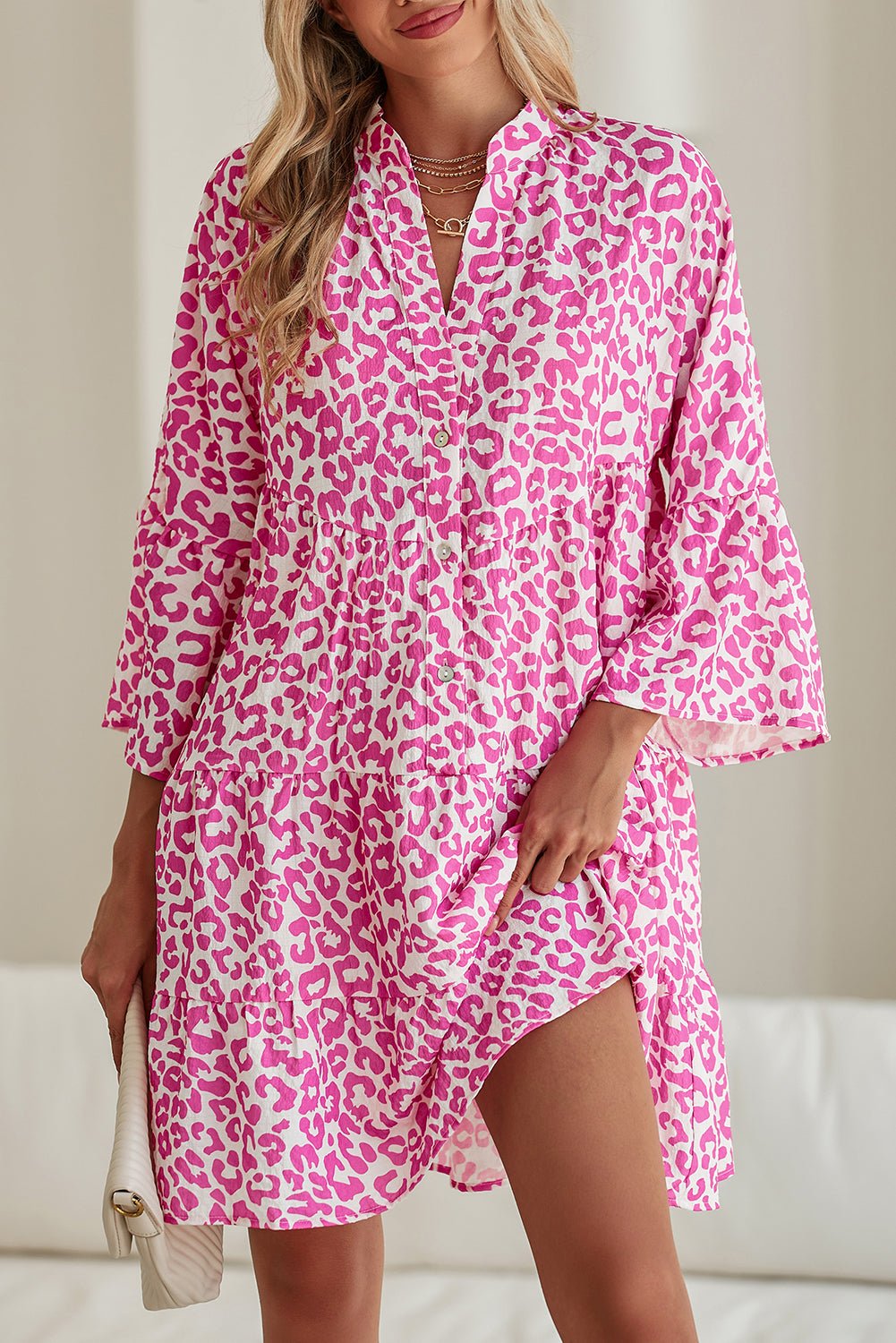 Bright Pink Leopard Print Flounce Sleeve Mini Dress - MAD RUFFI