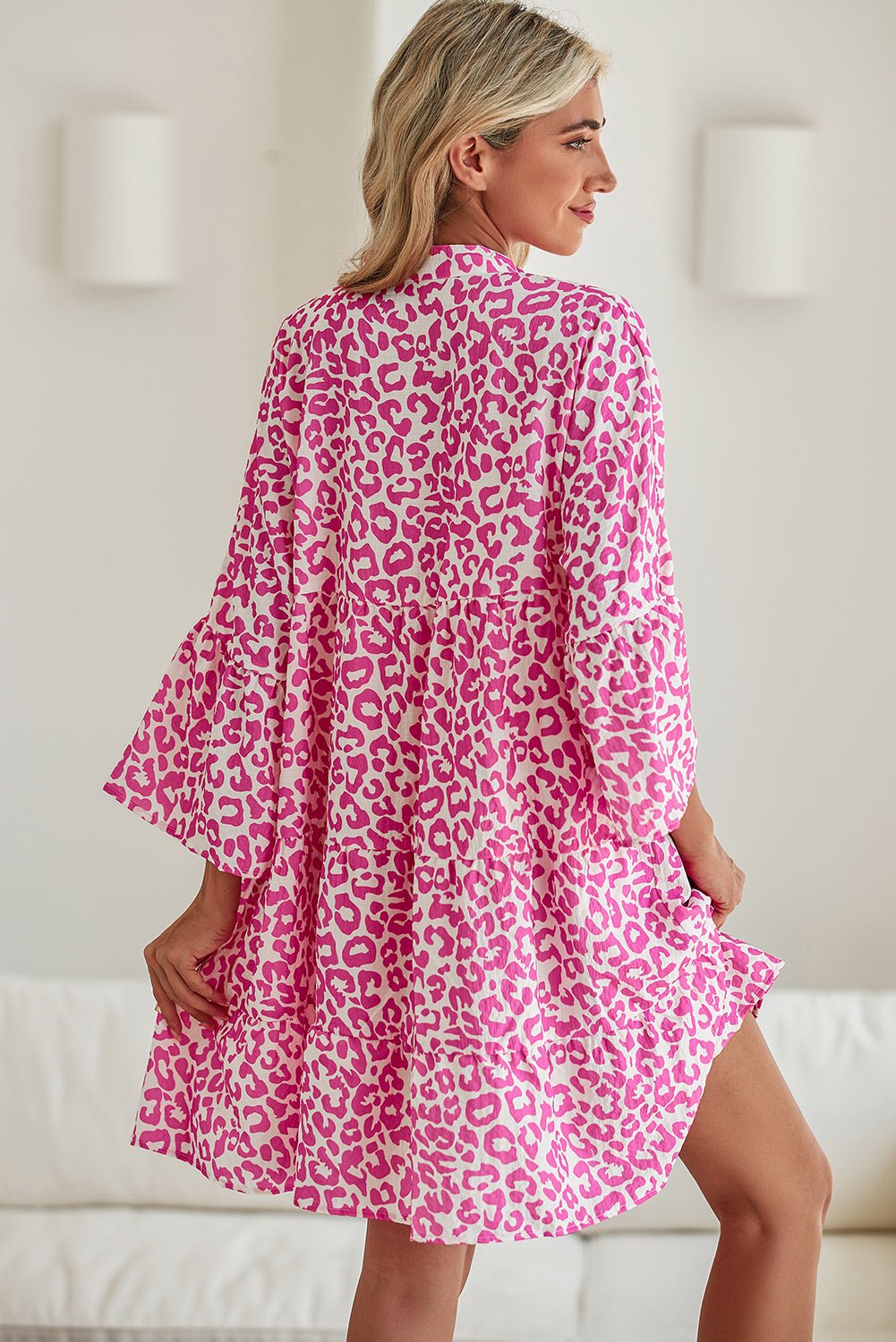 Bright Pink Leopard Print Flounce Sleeve Mini Dress - MAD RUFFI