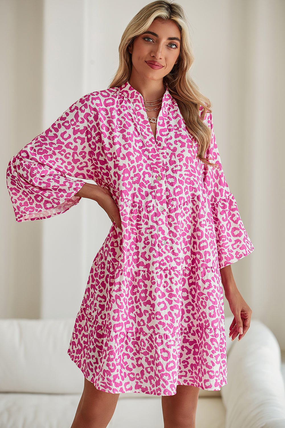 Bright Pink Leopard Print Flounce Sleeve Mini Dress - MAD RUFFI