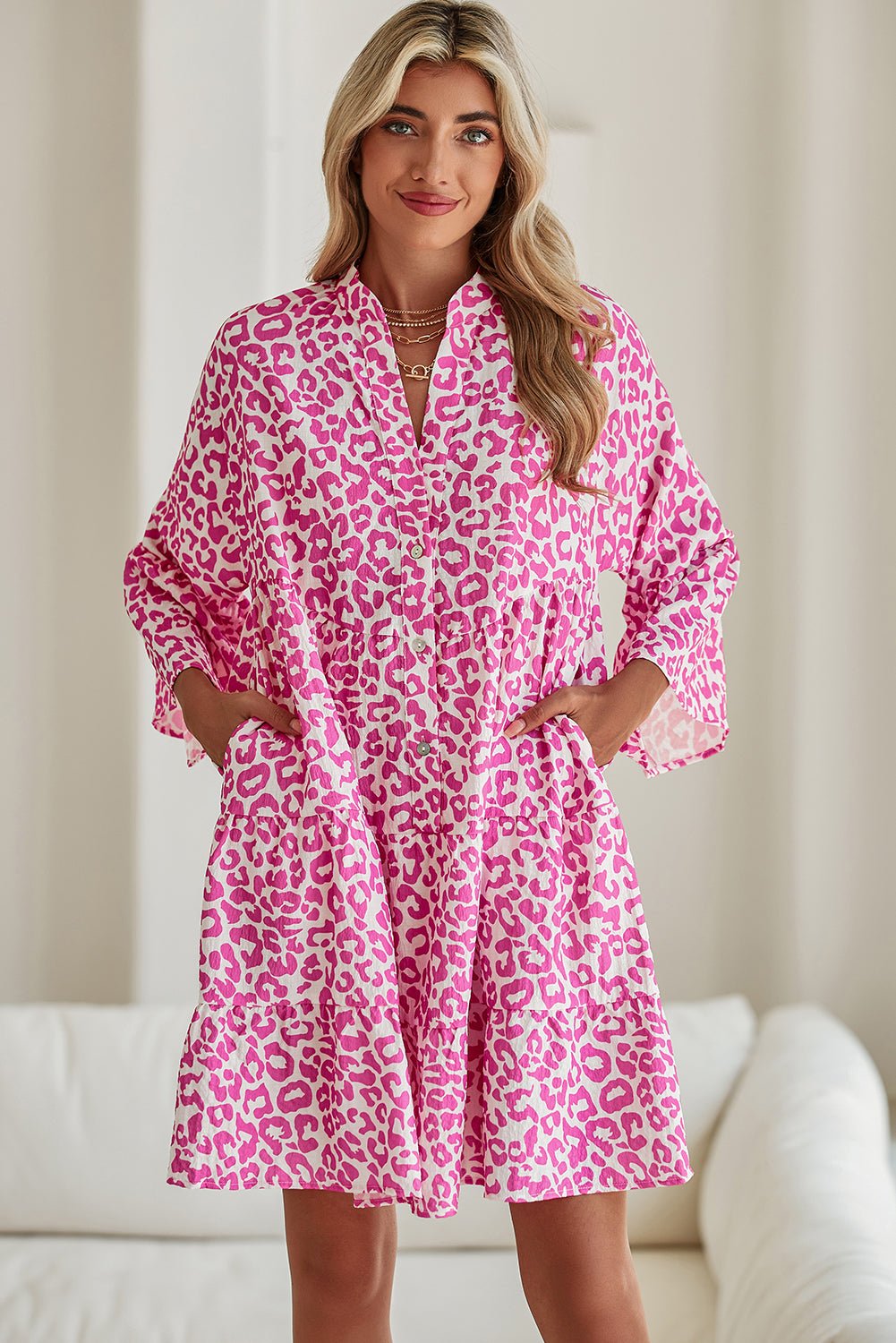 Bright Pink Leopard Print Flounce Sleeve Mini Dress - MAD RUFFI