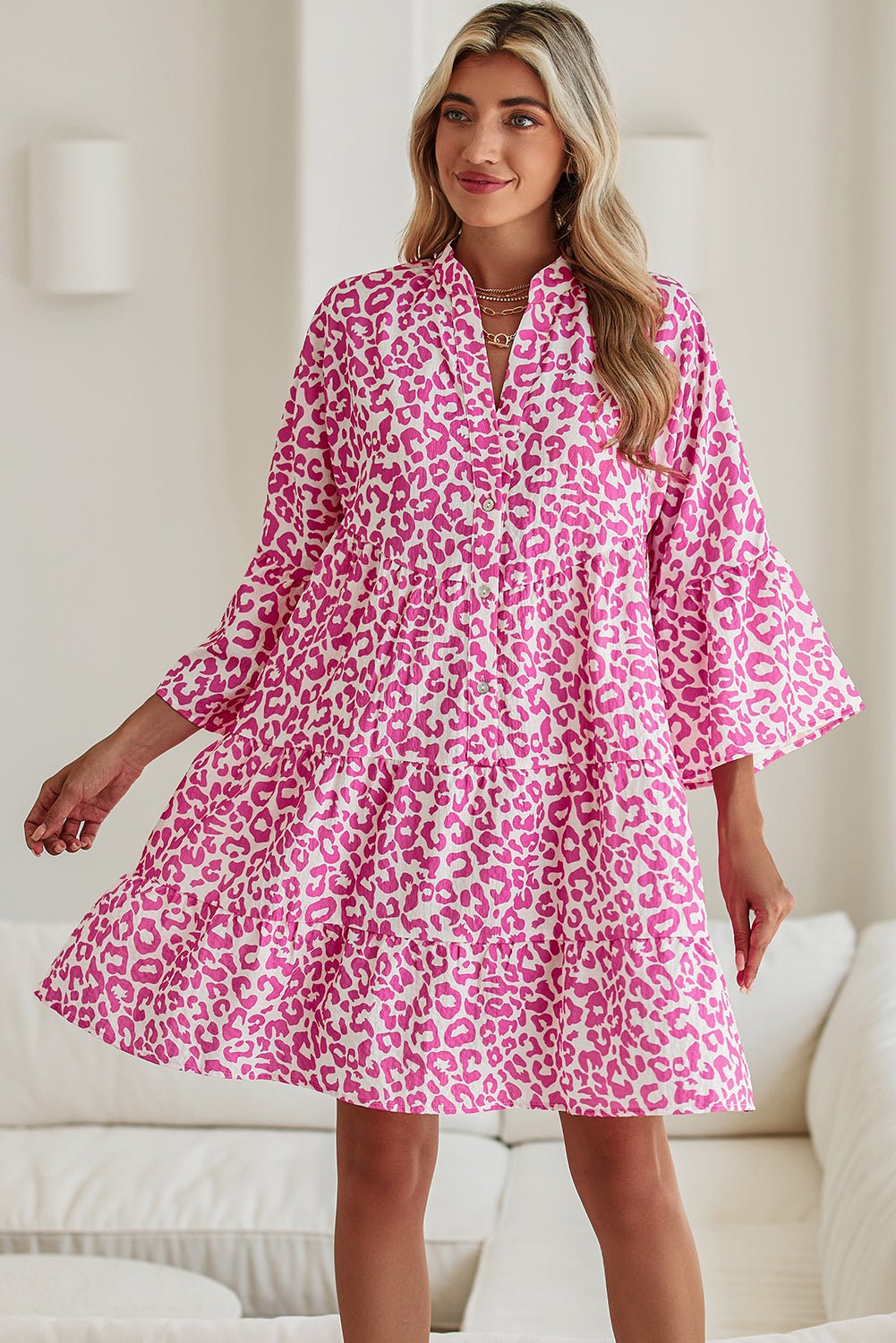 Bright Pink Leopard Print Flounce Sleeve Mini Dress - MAD RUFFI
