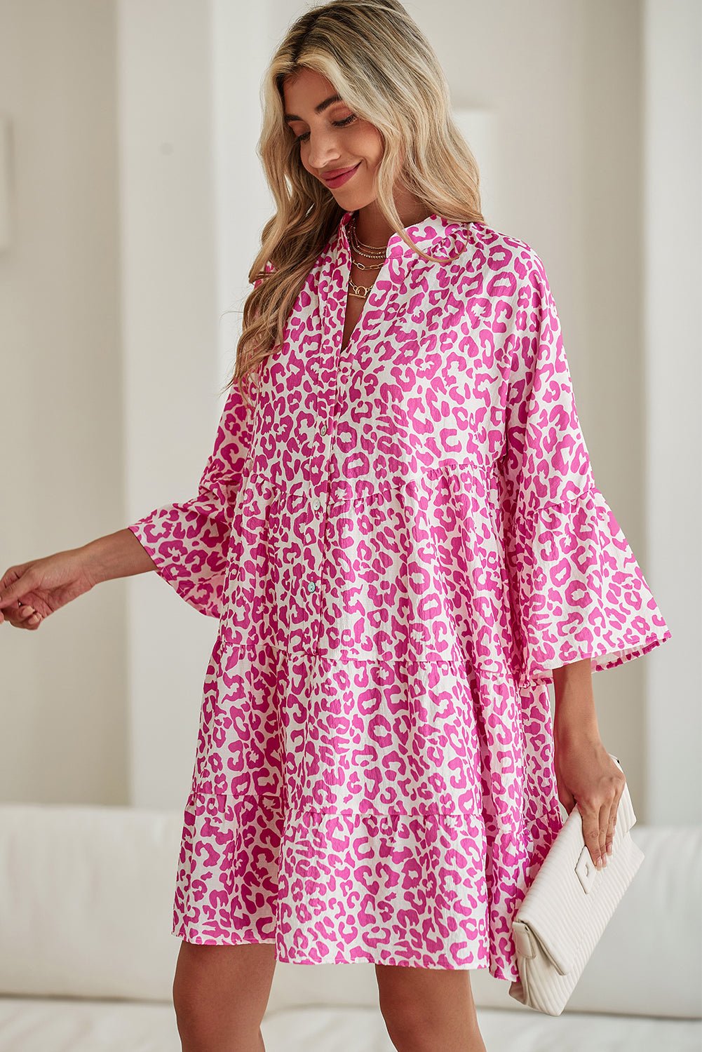 Bright Pink Leopard Print Flounce Sleeve Mini Dress - MAD RUFFI