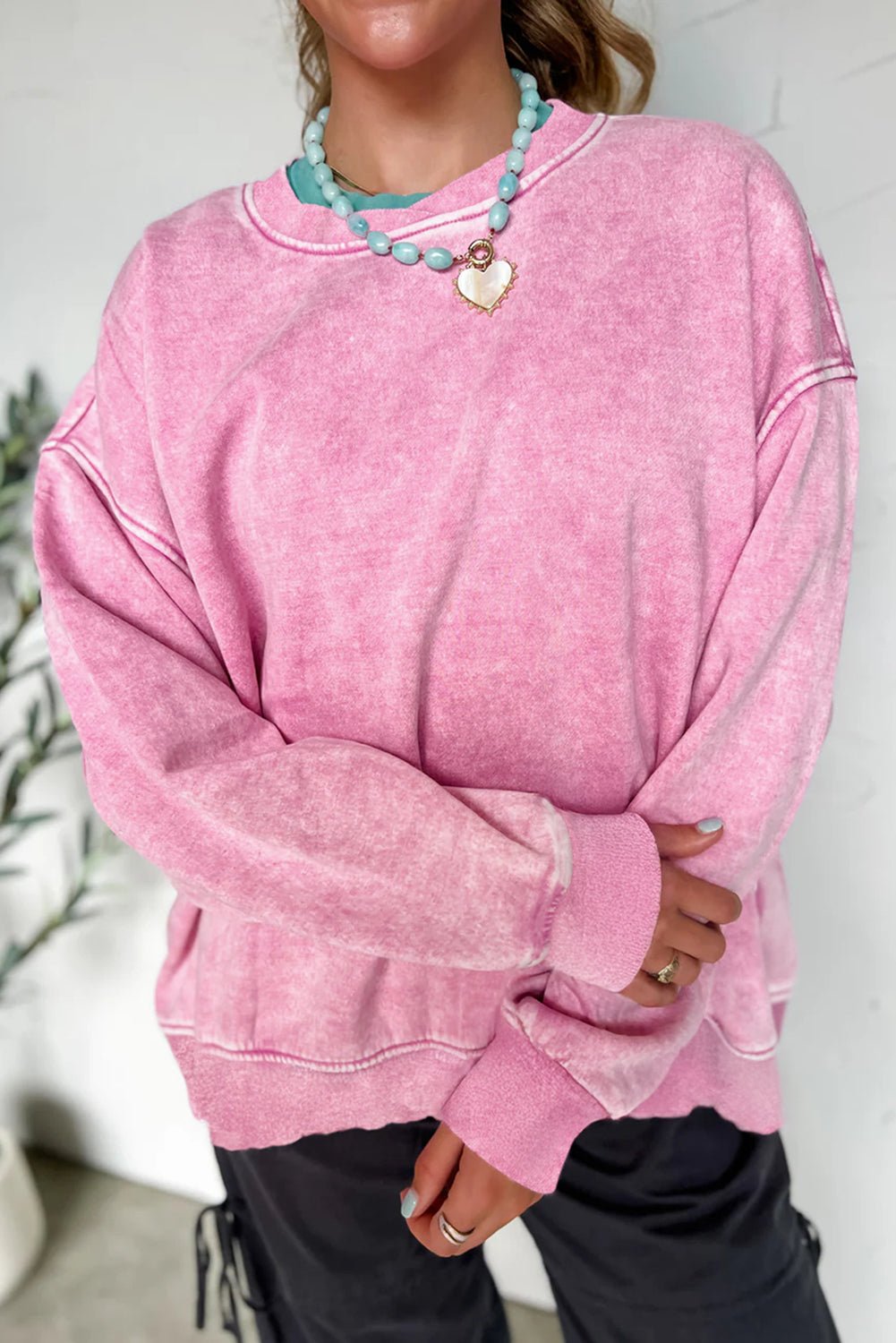 Bright Pink Mineral Wash Crossed Crew Neck Drop Shoulder Loose Sweatshirt - MAD RUFFI