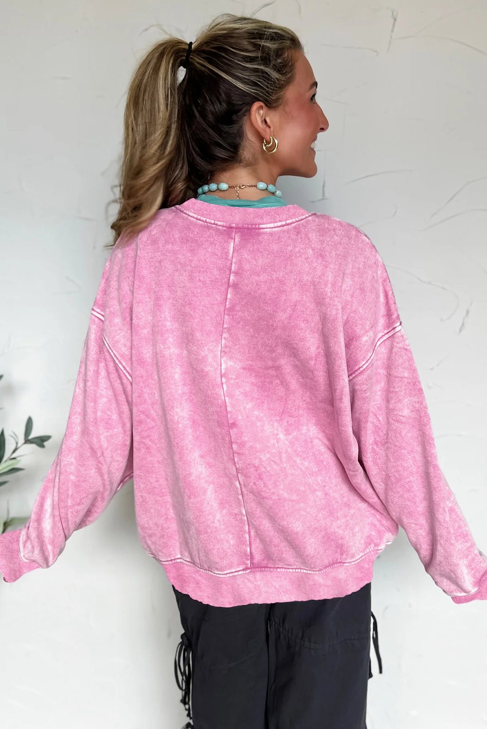 Bright Pink Mineral Wash Crossed Crew Neck Drop Shoulder Loose Sweatshirt - MAD RUFFI