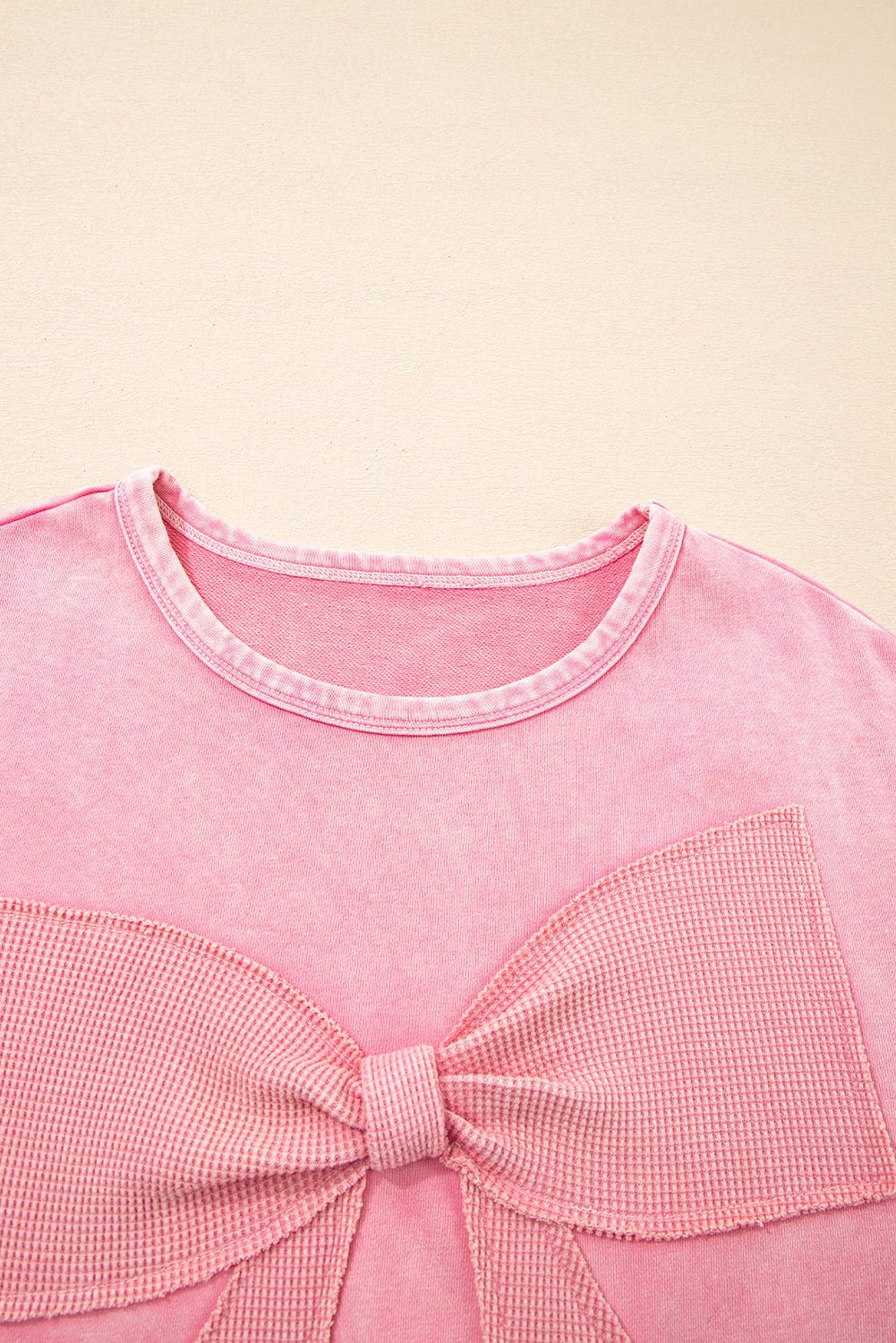 Bright Pink Mineral Wash Waffle Bow Patched Pullover Sweatshirt - MAD RUFFI