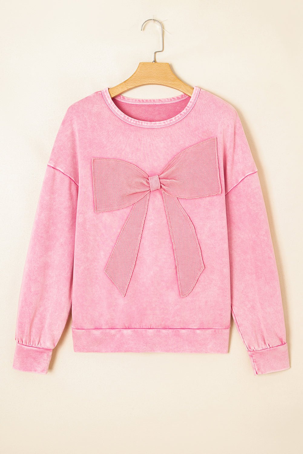 Bright Pink Mineral Wash Waffle Bow Patched Pullover Sweatshirt - MAD RUFFI