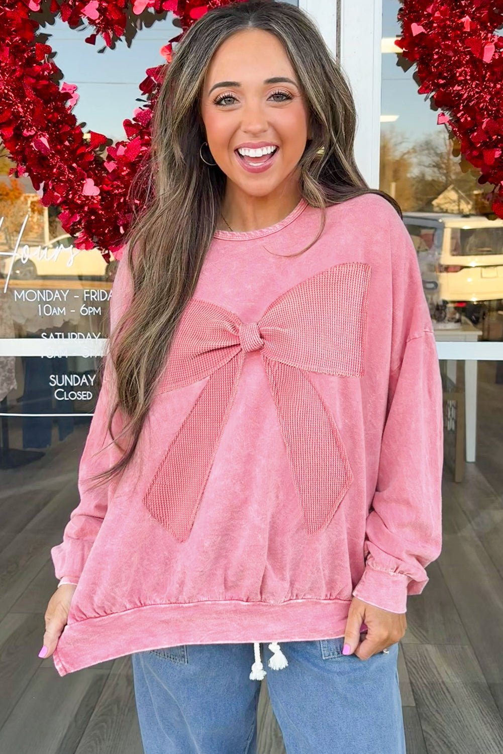 Bright Pink Mineral Wash Waffle Bow Patched Pullover Sweatshirt - MAD RUFFI