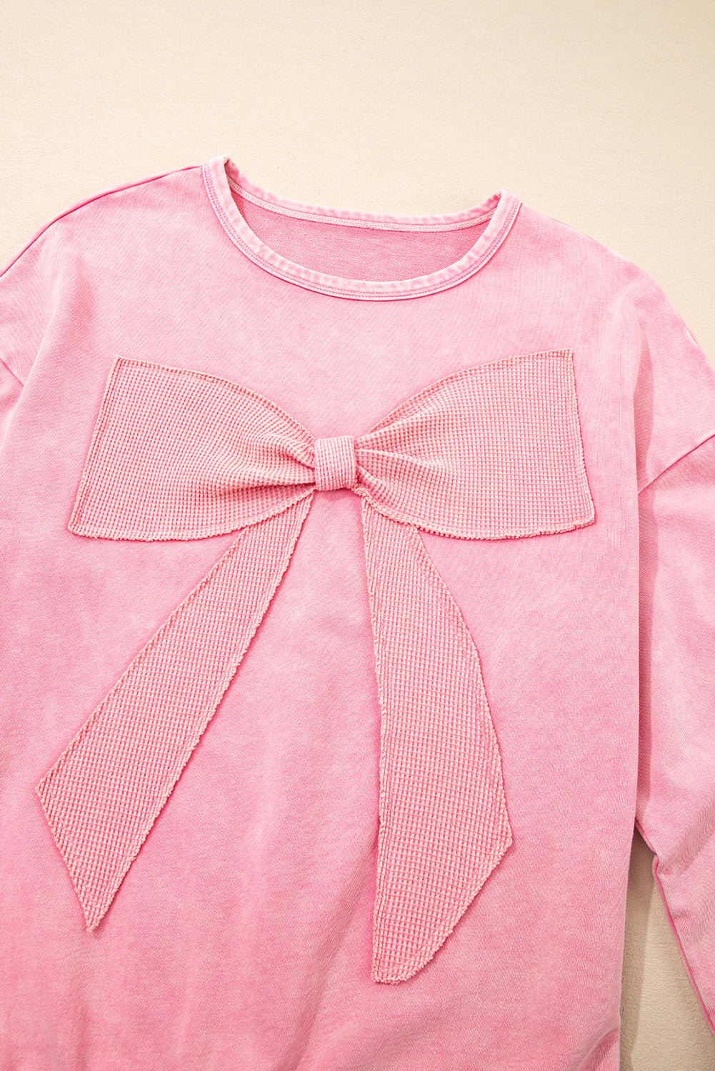 Bright Pink Mineral Wash Waffle Bow Patched Pullover Sweatshirt - MAD RUFFI
