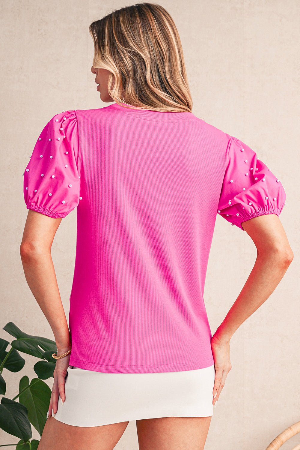 Bright Pink Pearl Beaded Puff Sleeve Ribbed Top - MAD RUFFI
