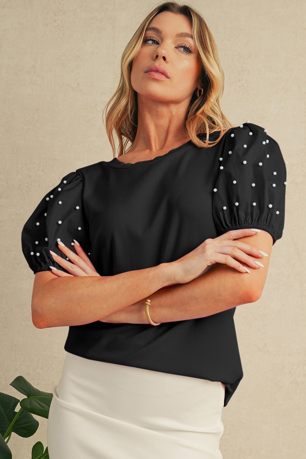 Bright Pink Pearl Beaded Puff Sleeve Ribbed Top - MAD RUFFI