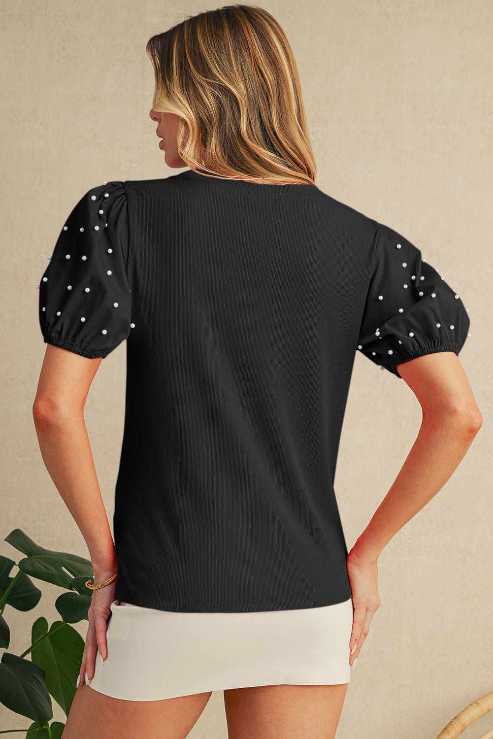 Bright Pink Pearl Beaded Puff Sleeve Ribbed Top - MAD RUFFI