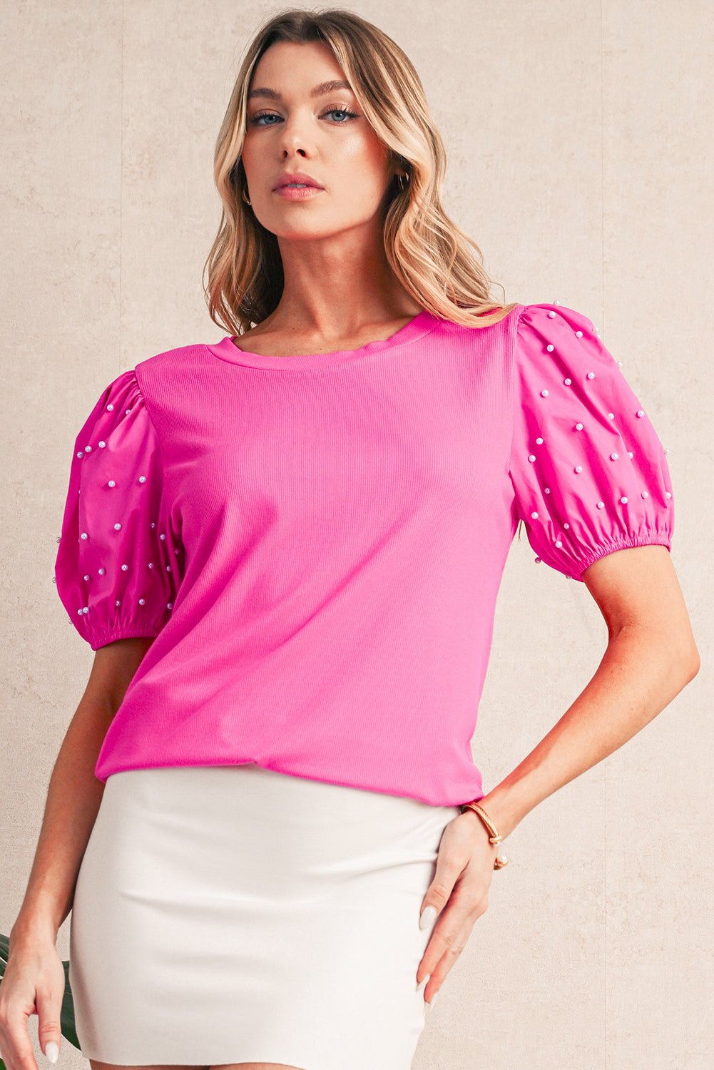 Bright Pink Pearl Beaded Puff Sleeve Ribbed Top - MAD RUFFI
