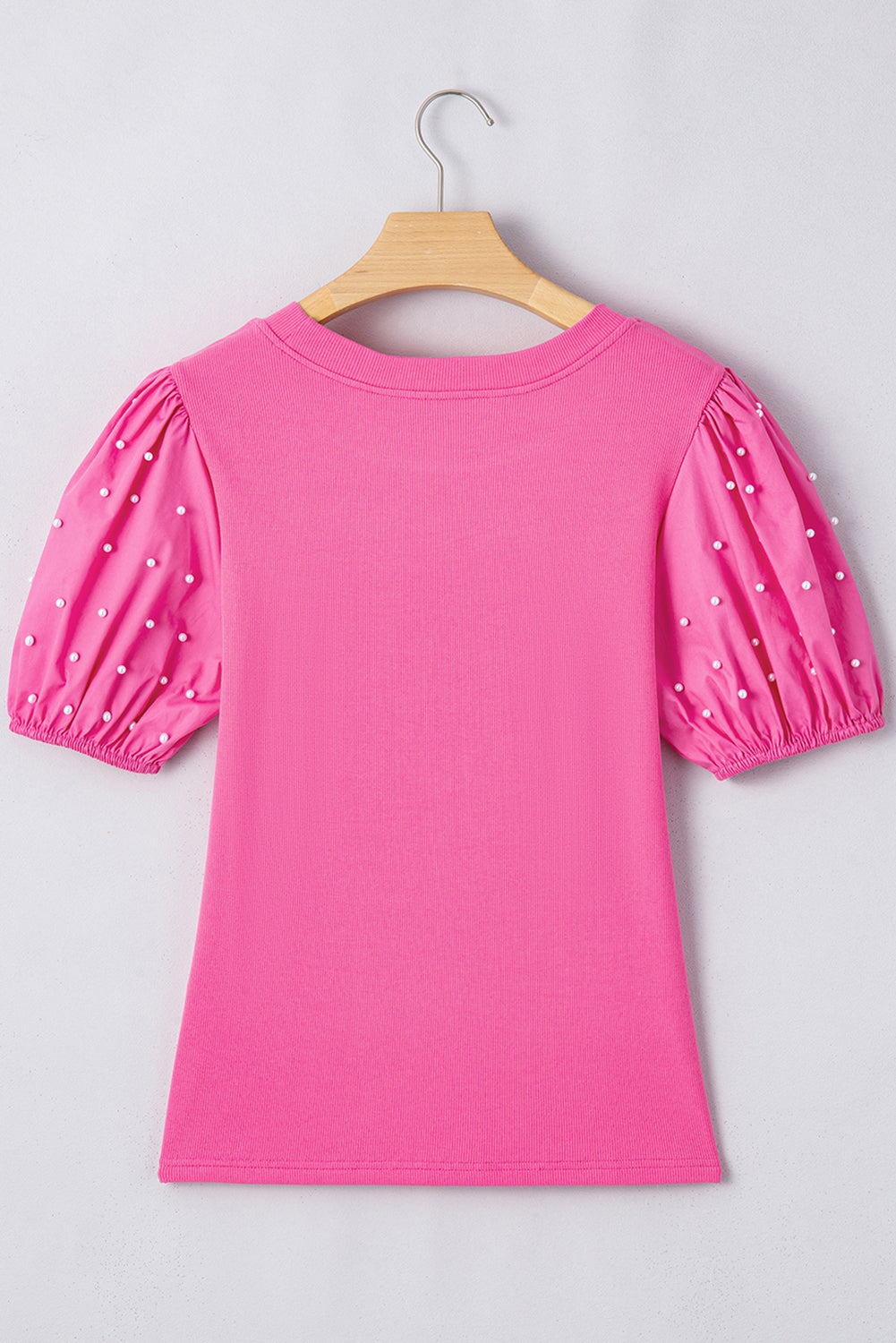 Bright Pink Pearl Beaded Puff Sleeve Ribbed Top - MAD RUFFI