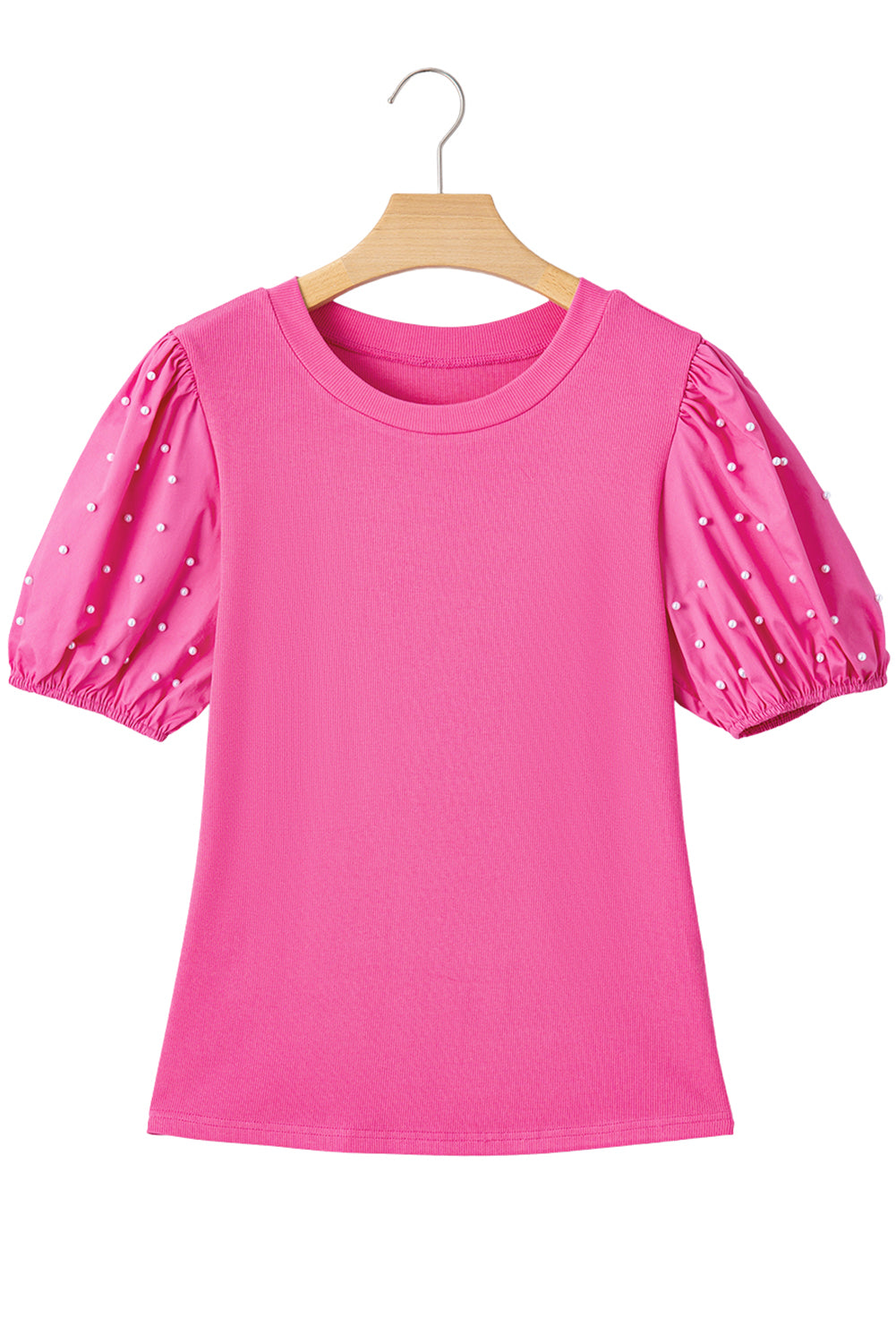 Bright Pink Pearl Beaded Puff Sleeve Ribbed Top - MAD RUFFI