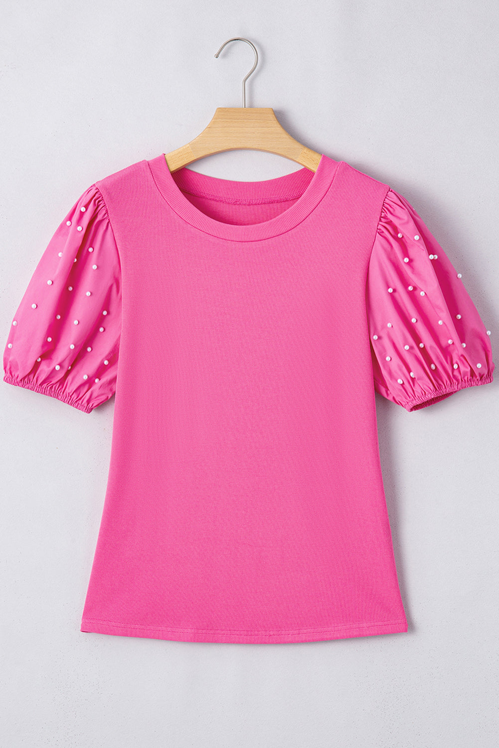 Bright Pink Pearl Beaded Puff Sleeve Ribbed Top - MAD RUFFI