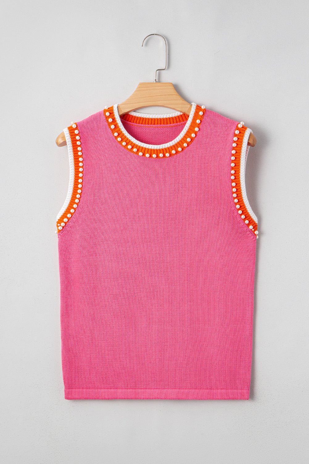 bright pink pearl embellished contrast trim sleeveless knit top - MAD RUFFI