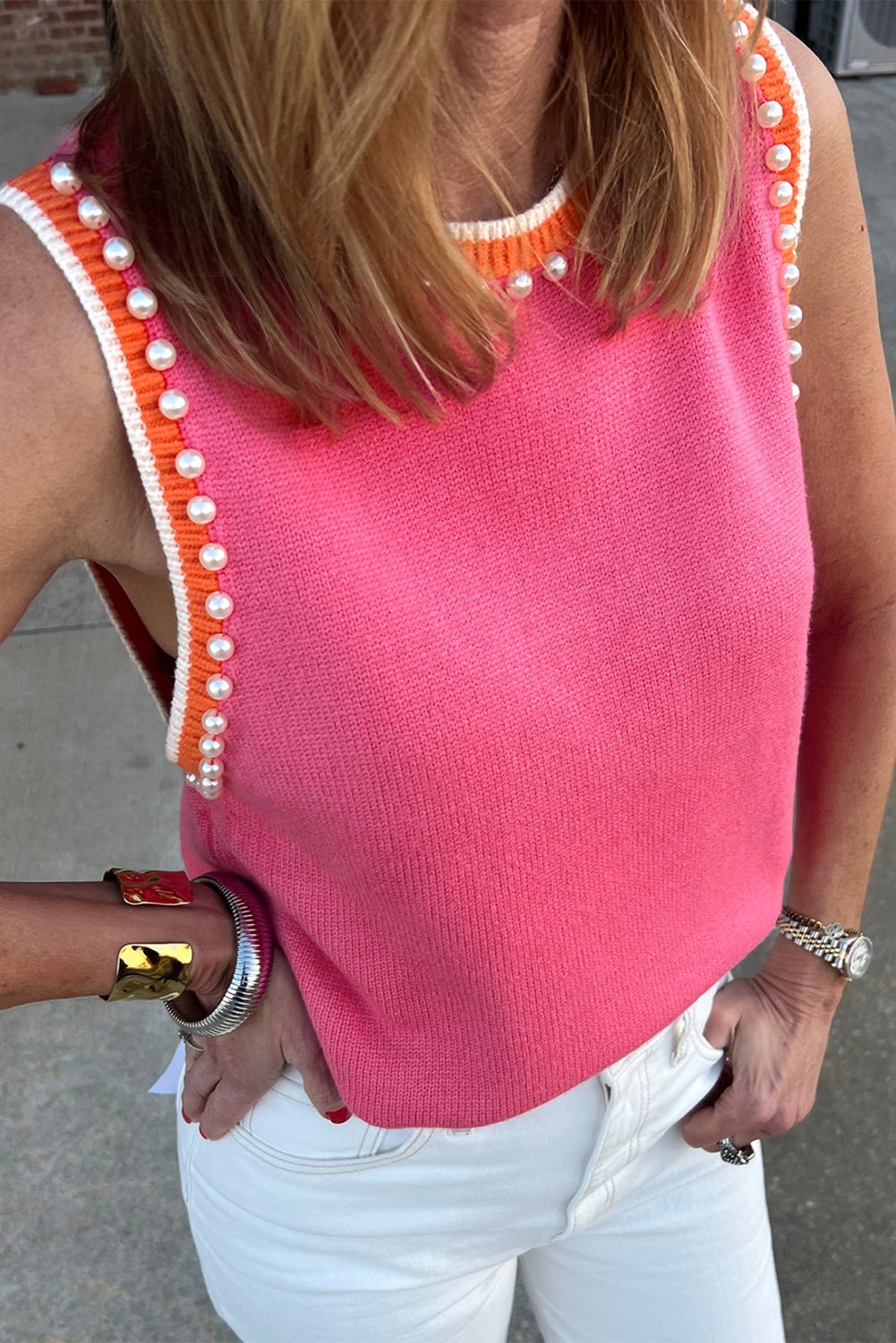 bright pink pearl embellished contrast trim sleeveless knit top - MAD RUFFI