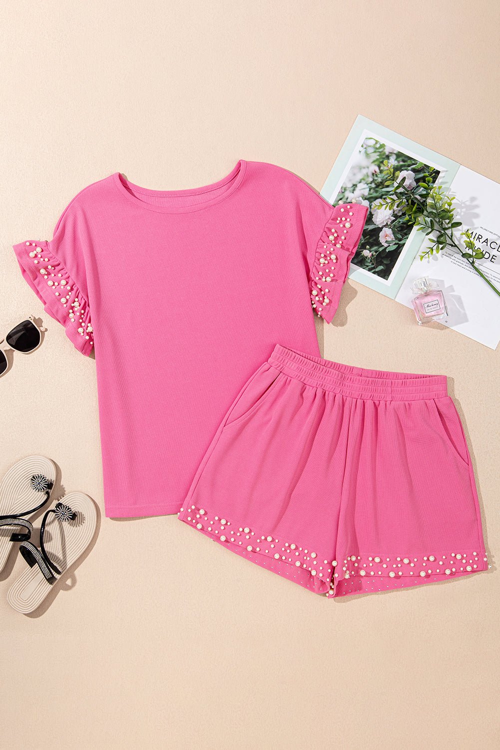 Bright Pink Pearl Ruffle Sleeve Waffle Top and Shorts Set - MAD RUFFI