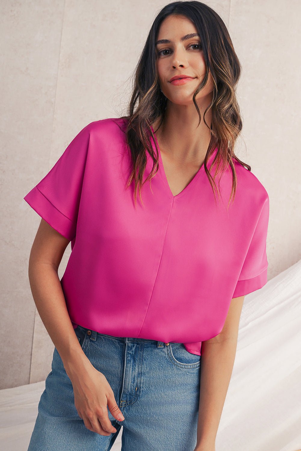 Bright Pink Plain V - Neck Dolman Sleeve Loose Top - MAD RUFFI