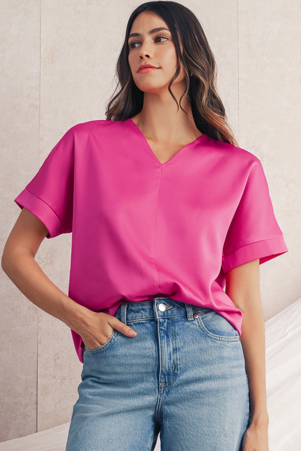 Bright Pink Plain V - Neck Dolman Sleeve Loose Top - MAD RUFFI