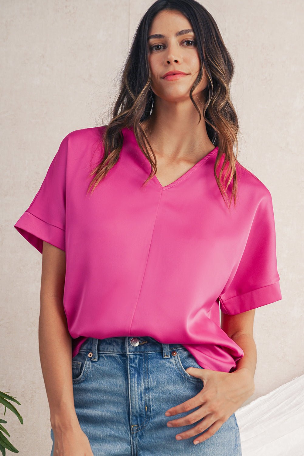 Bright Pink Plain V - Neck Dolman Sleeve Loose Top - MAD RUFFI