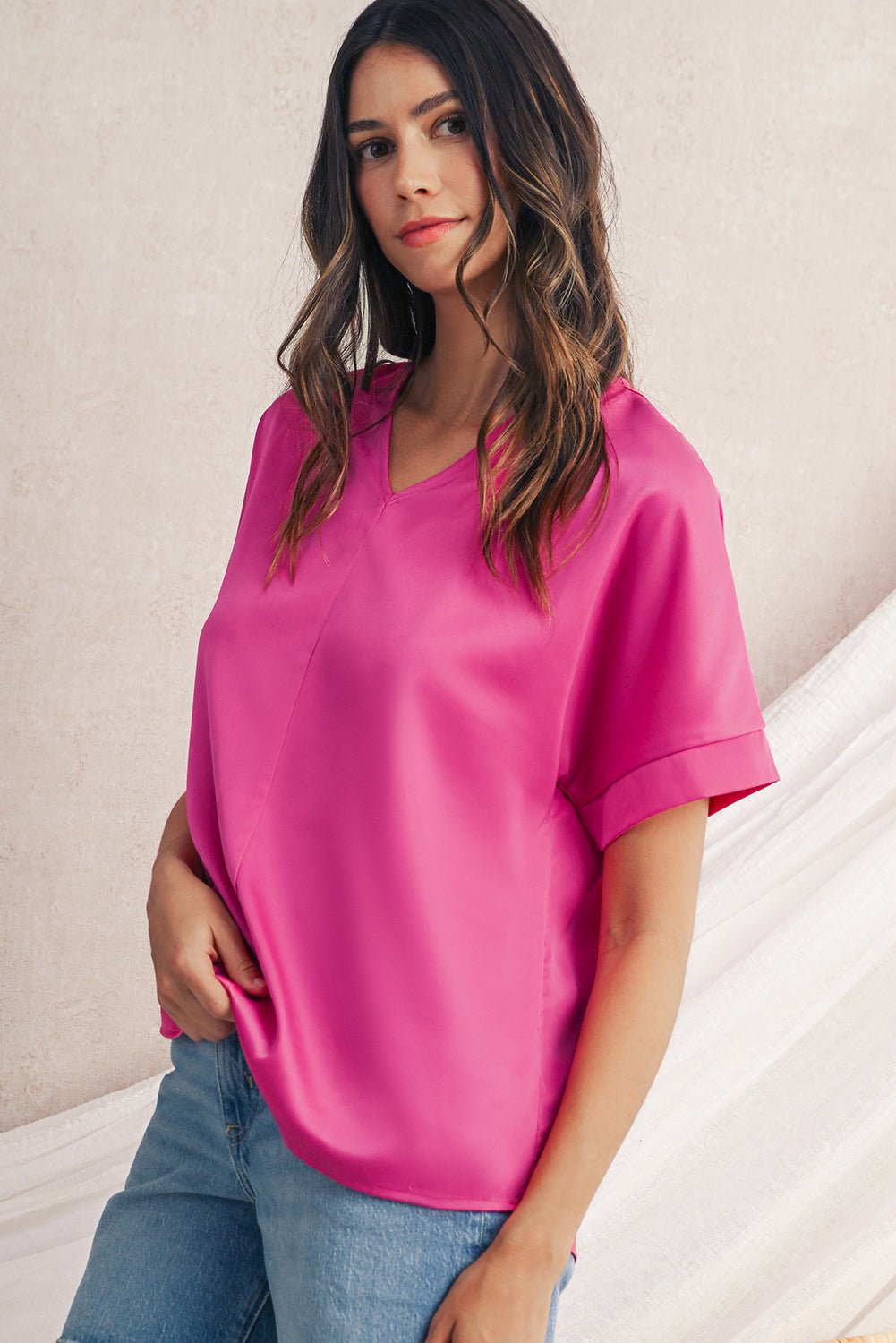 Bright Pink Plain V - Neck Dolman Sleeve Loose Top - MAD RUFFI
