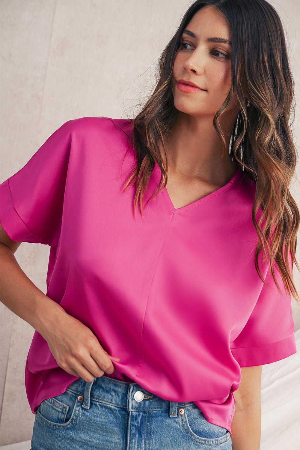 Bright Pink Plain V - Neck Dolman Sleeve Loose Top - MAD RUFFI