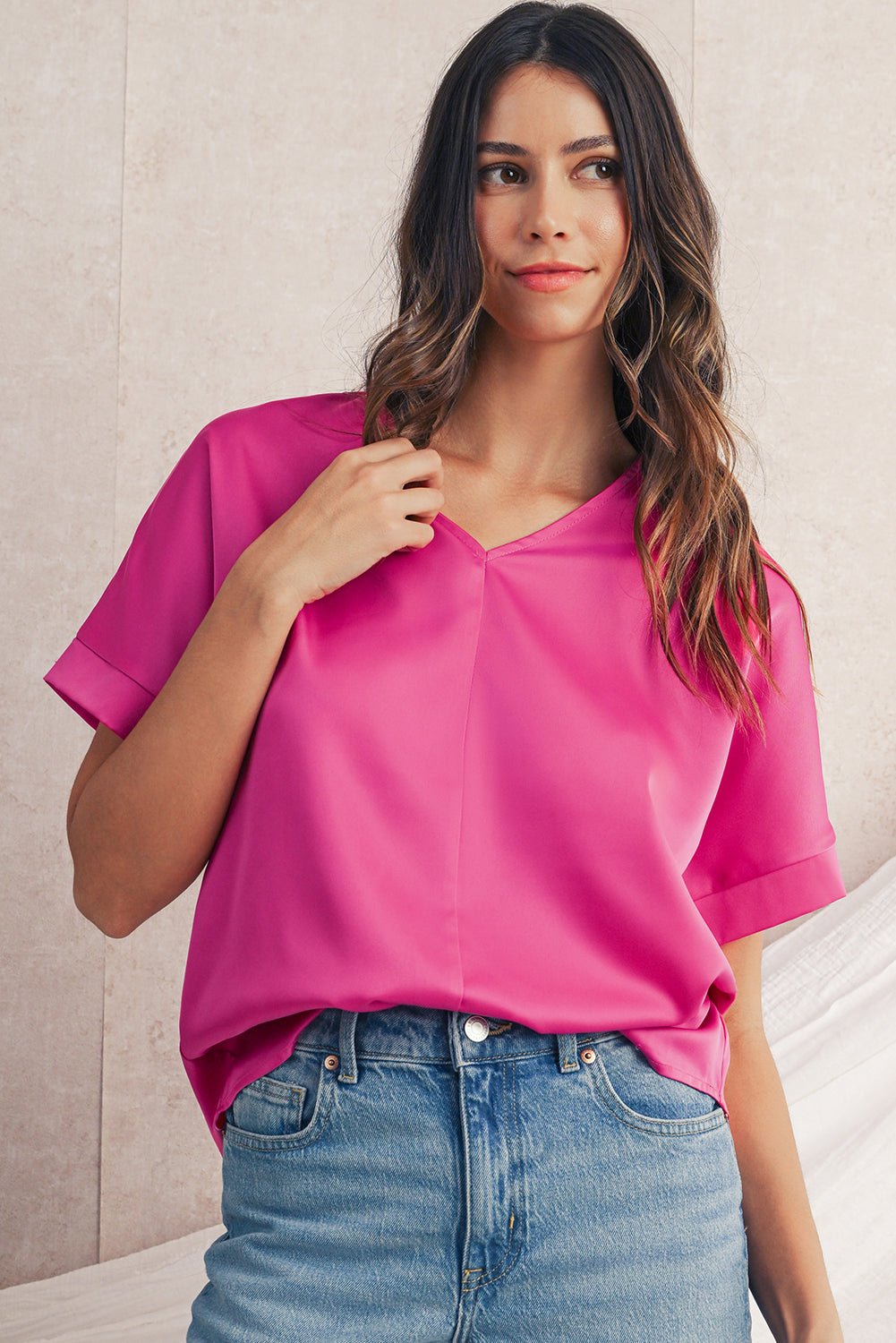 Bright Pink Plain V - Neck Dolman Sleeve Loose Top - MAD RUFFI