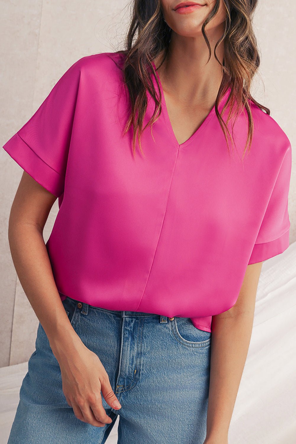 Bright Pink Plain V - Neck Dolman Sleeve Loose Top - MAD RUFFI