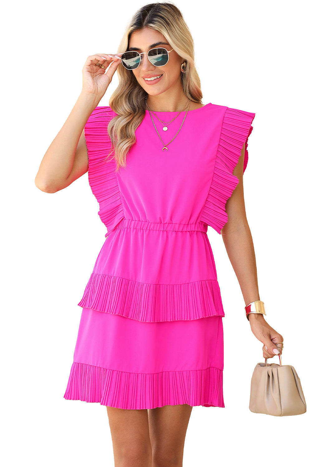 Bright Pink Pleated Layered Ruffle Sleeveless Mini Dress - MAD RUFFI