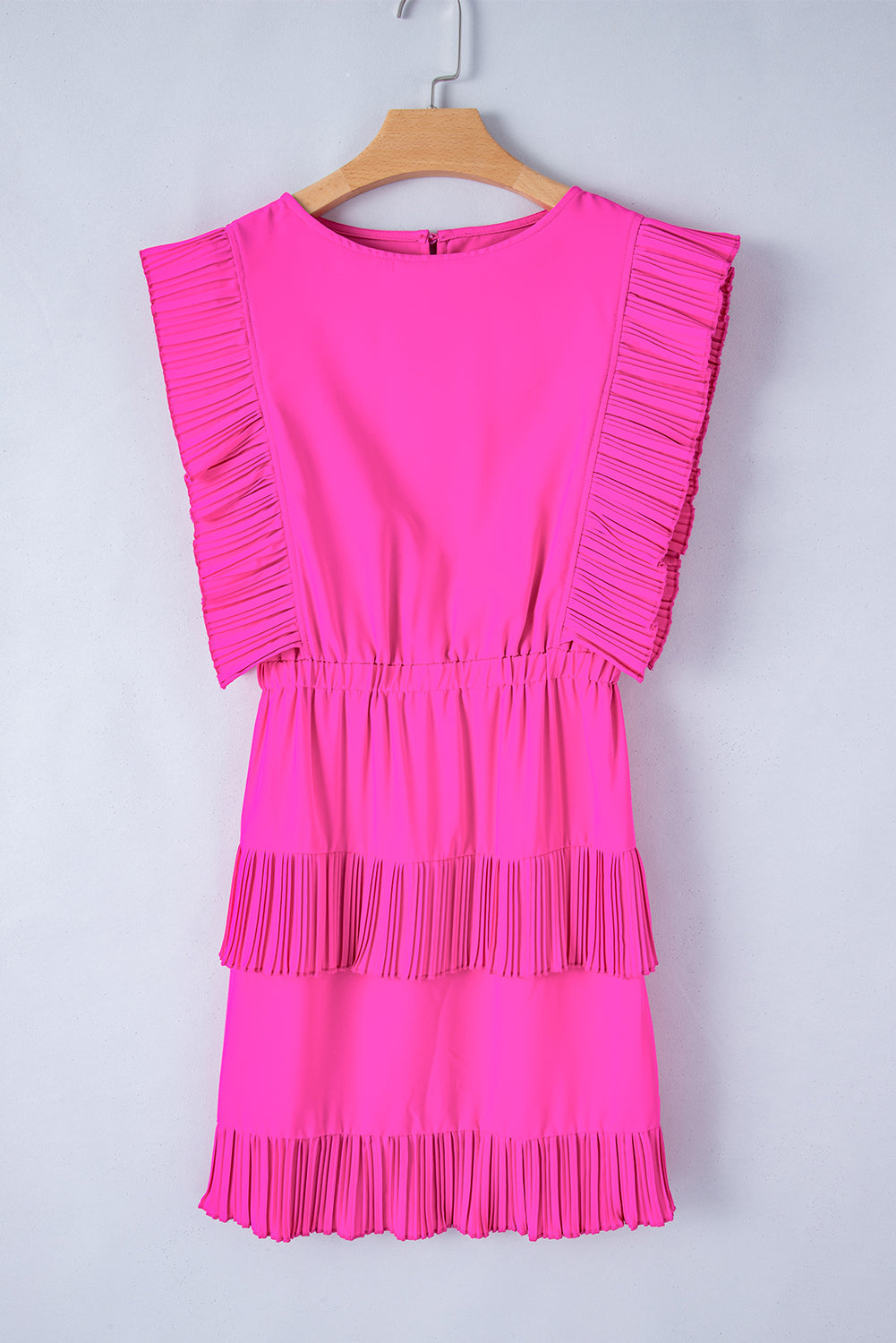 Bright Pink Pleated Layered Ruffle Sleeveless Mini Dress - MAD RUFFI