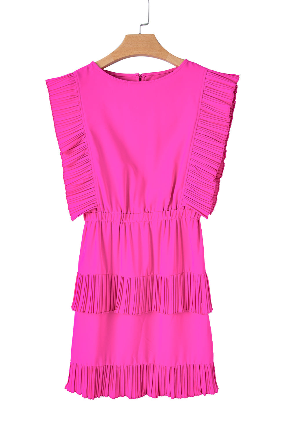 Bright Pink Pleated Layered Ruffle Sleeveless Mini Dress - MAD RUFFI