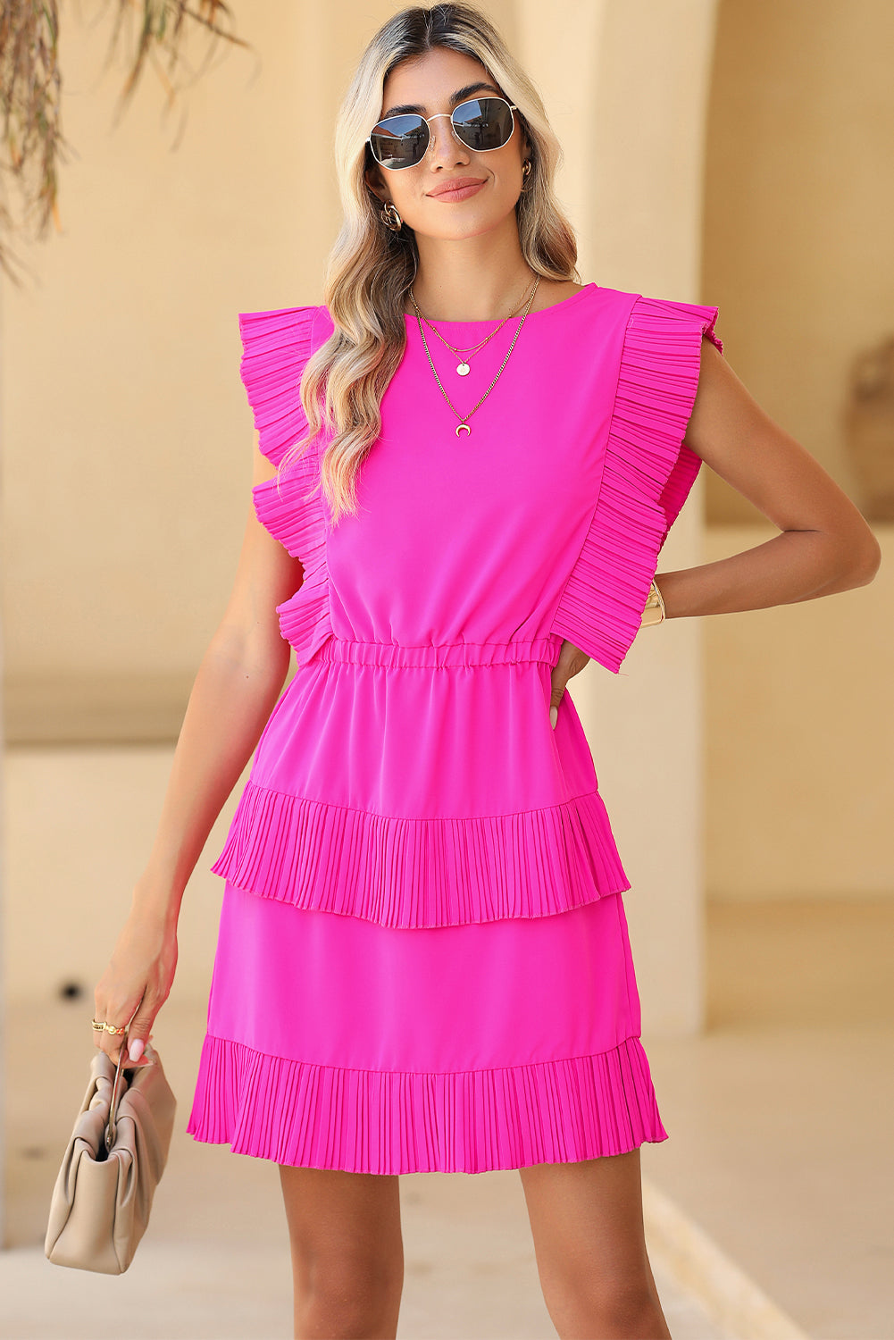 Bright Pink Pleated Layered Ruffle Sleeveless Mini Dress - MAD RUFFI