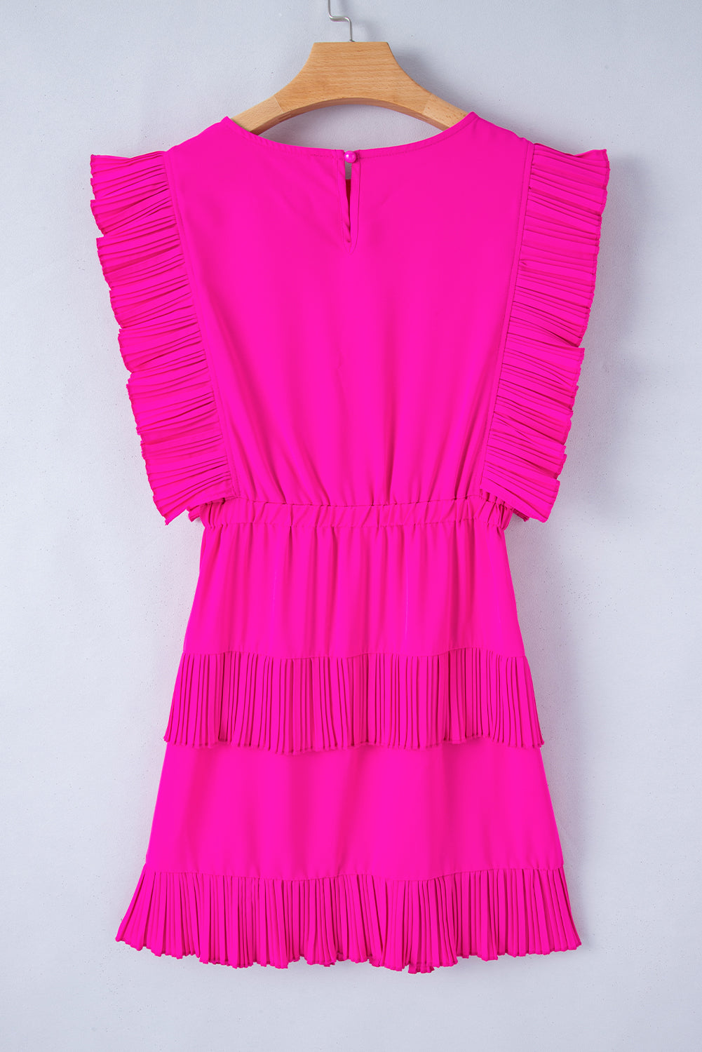 Bright Pink Pleated Layered Ruffle Sleeveless Mini Dress - MAD RUFFI