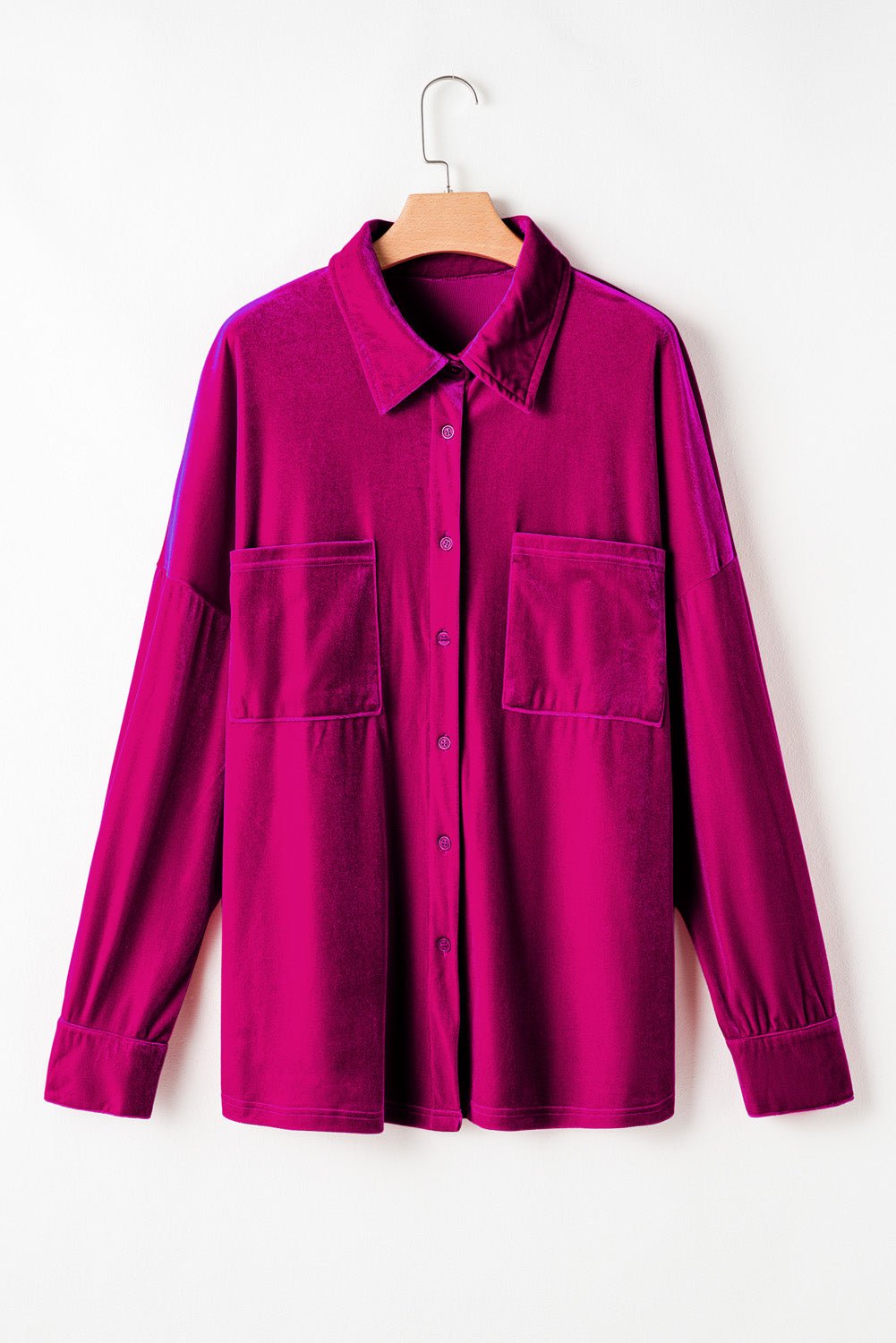 Bright Pink Plus Size Velvet Chest Pocket Drop Shoulder Shirt - MAD RUFFI