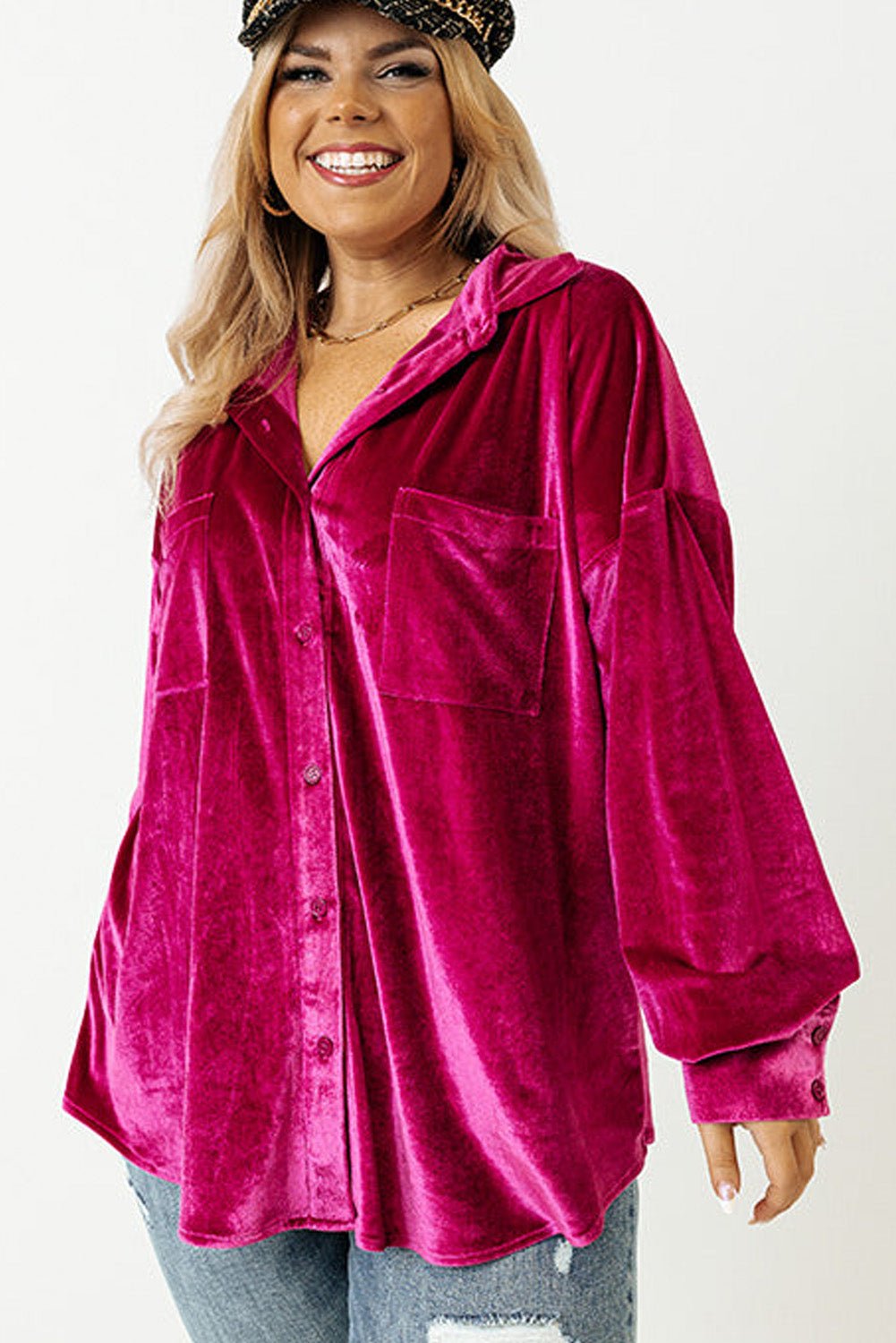 Bright Pink Plus Size Velvet Chest Pocket Drop Shoulder Shirt - MAD RUFFI