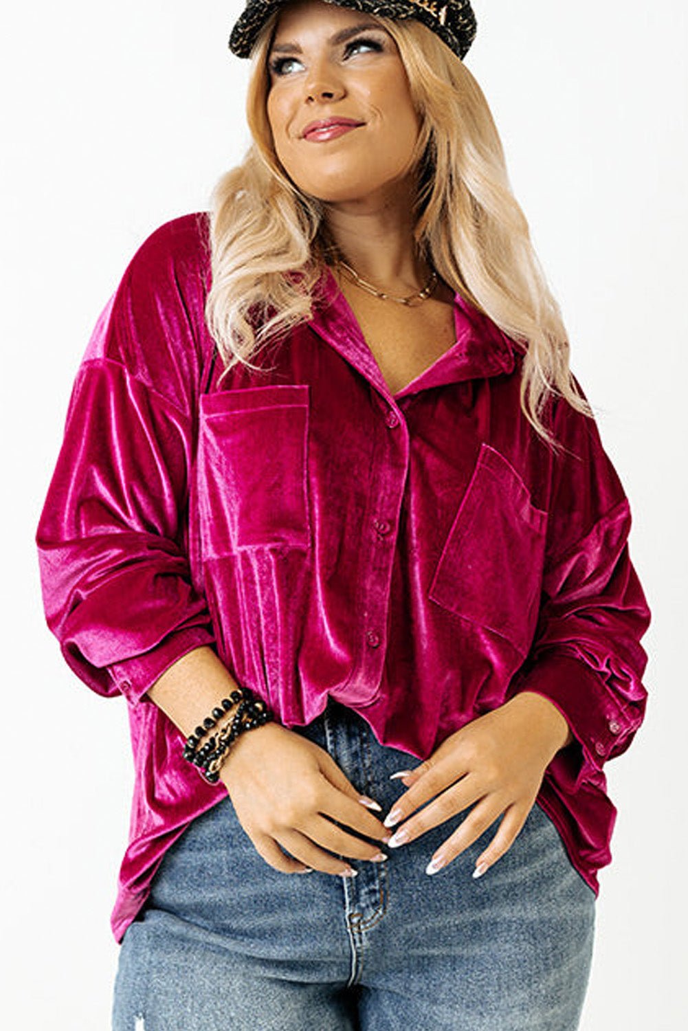 Bright Pink Plus Size Velvet Chest Pocket Drop Shoulder Shirt - MAD RUFFI