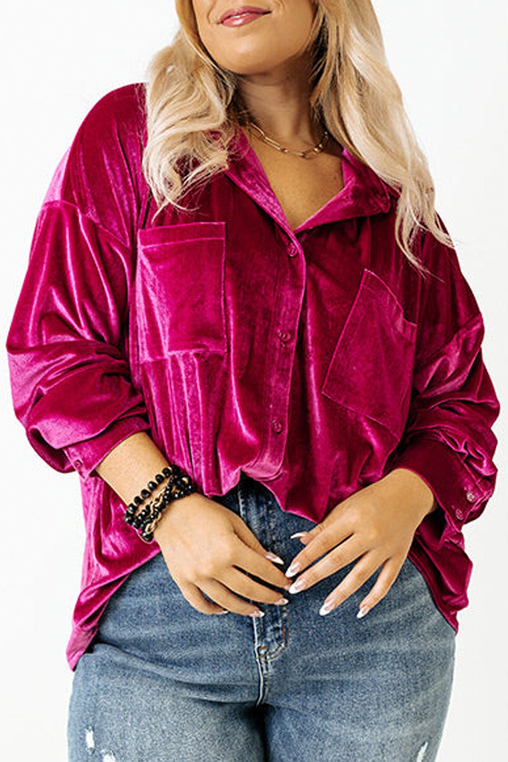 Bright Pink Plus Size Velvet Chest Pocket Drop Shoulder Shirt - MAD RUFFI
