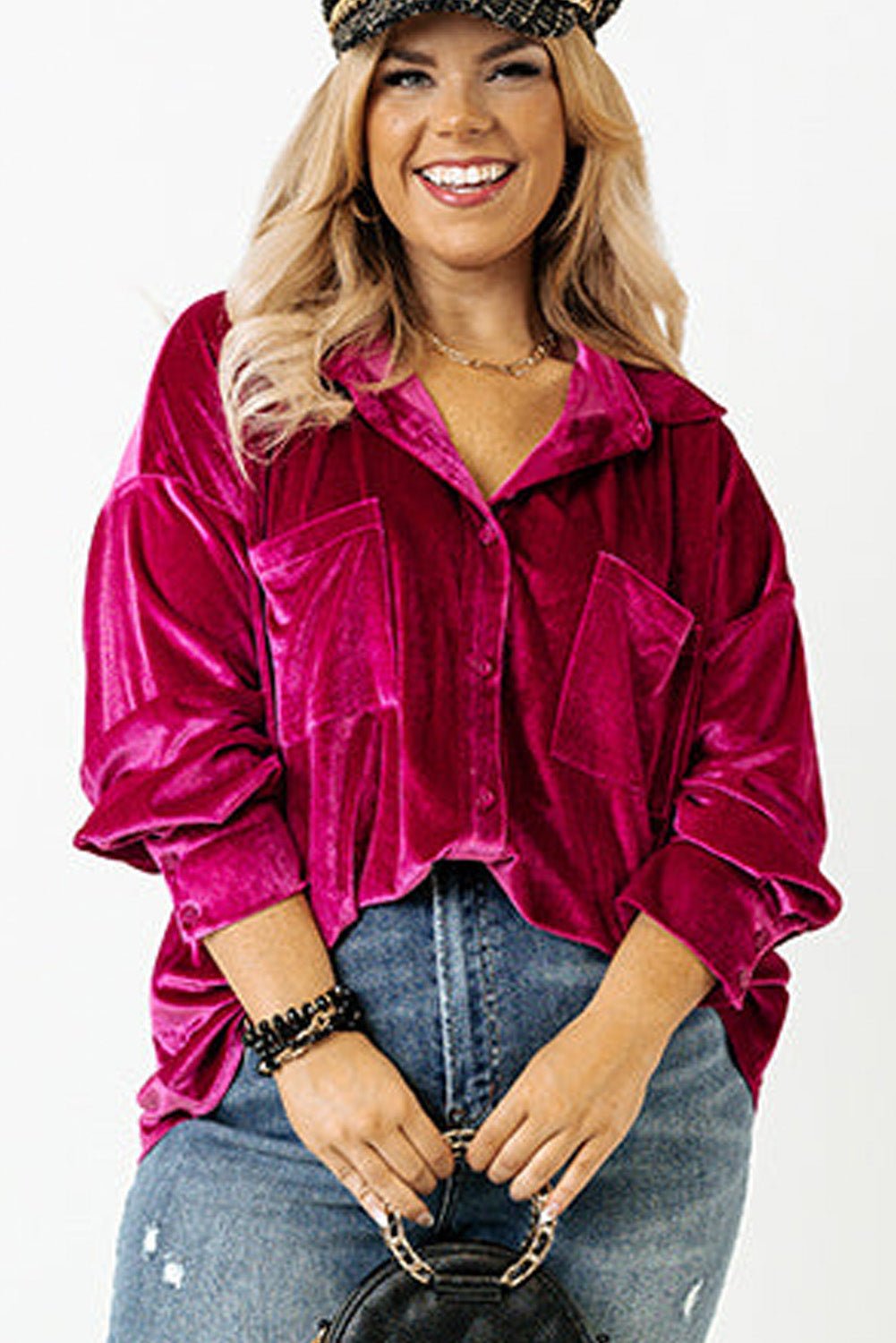Bright Pink Plus Size Velvet Chest Pocket Drop Shoulder Shirt - MAD RUFFI