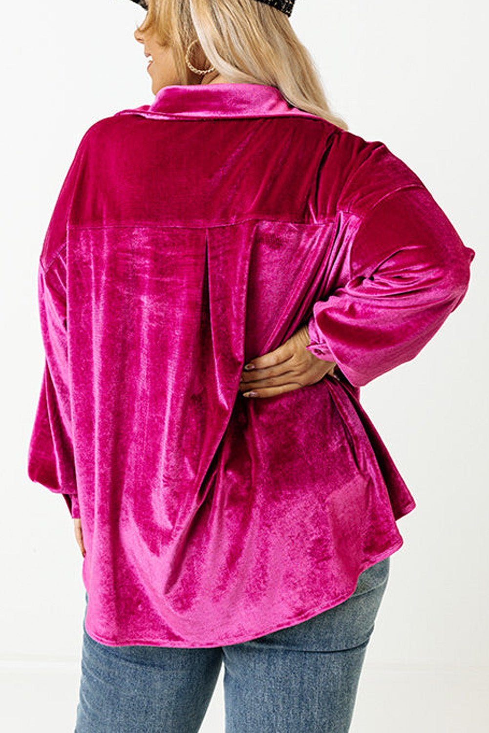 Bright Pink Plus Size Velvet Chest Pocket Drop Shoulder Shirt - MAD RUFFI