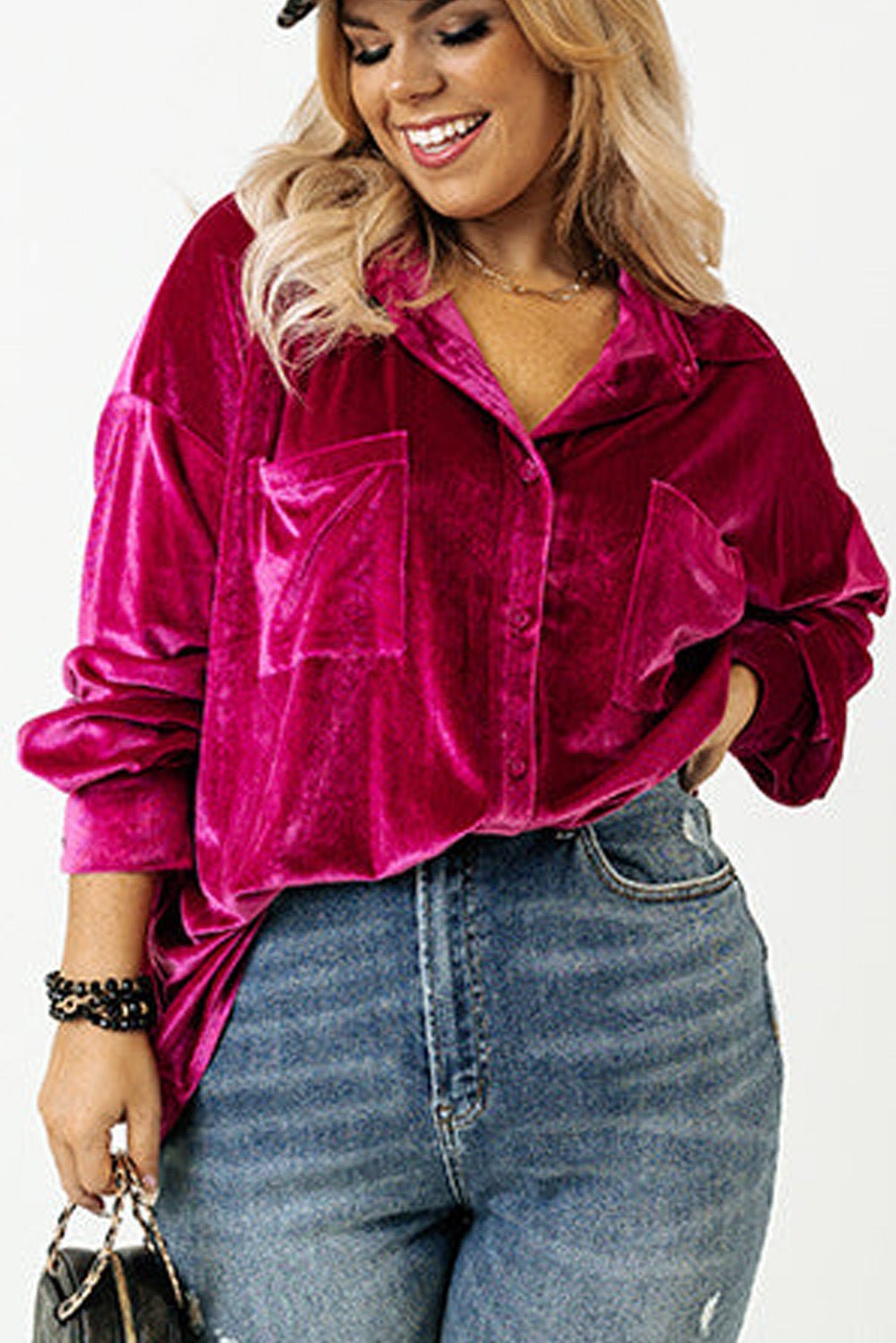 Bright Pink Plus Size Velvet Chest Pocket Drop Shoulder Shirt - MAD RUFFI