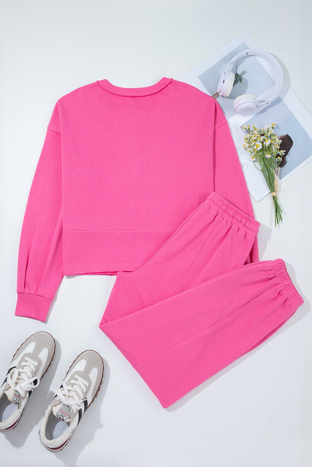 Bright Pink Raw Edge Henley Pullover and Jogger Pants Set - MAD RUFFI