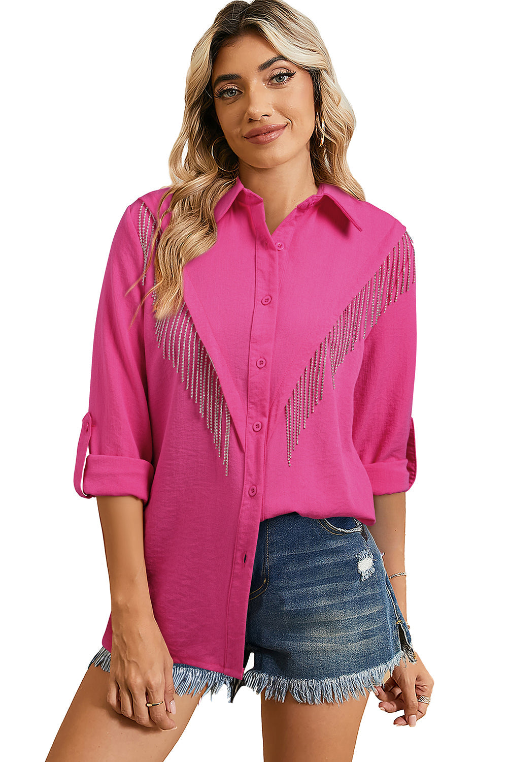 Bright Pink Rhinestone Tassel Long Sleeve Shirt - MAD RUFFI