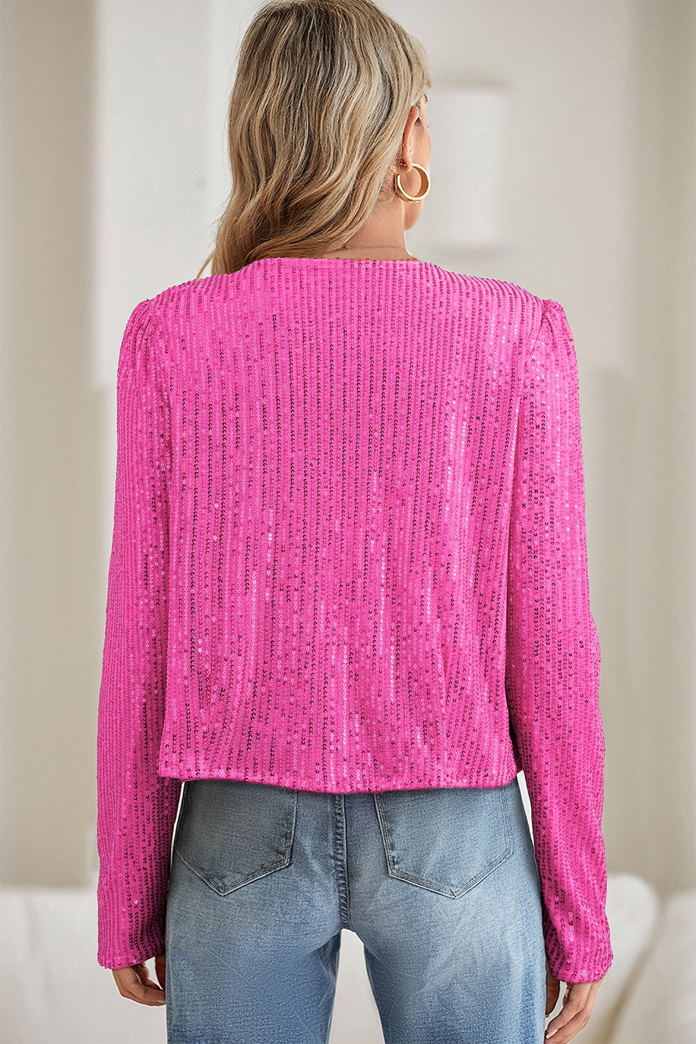 Bright Pink Sequin Round Neck Short Casual Jacket - MAD RUFFI