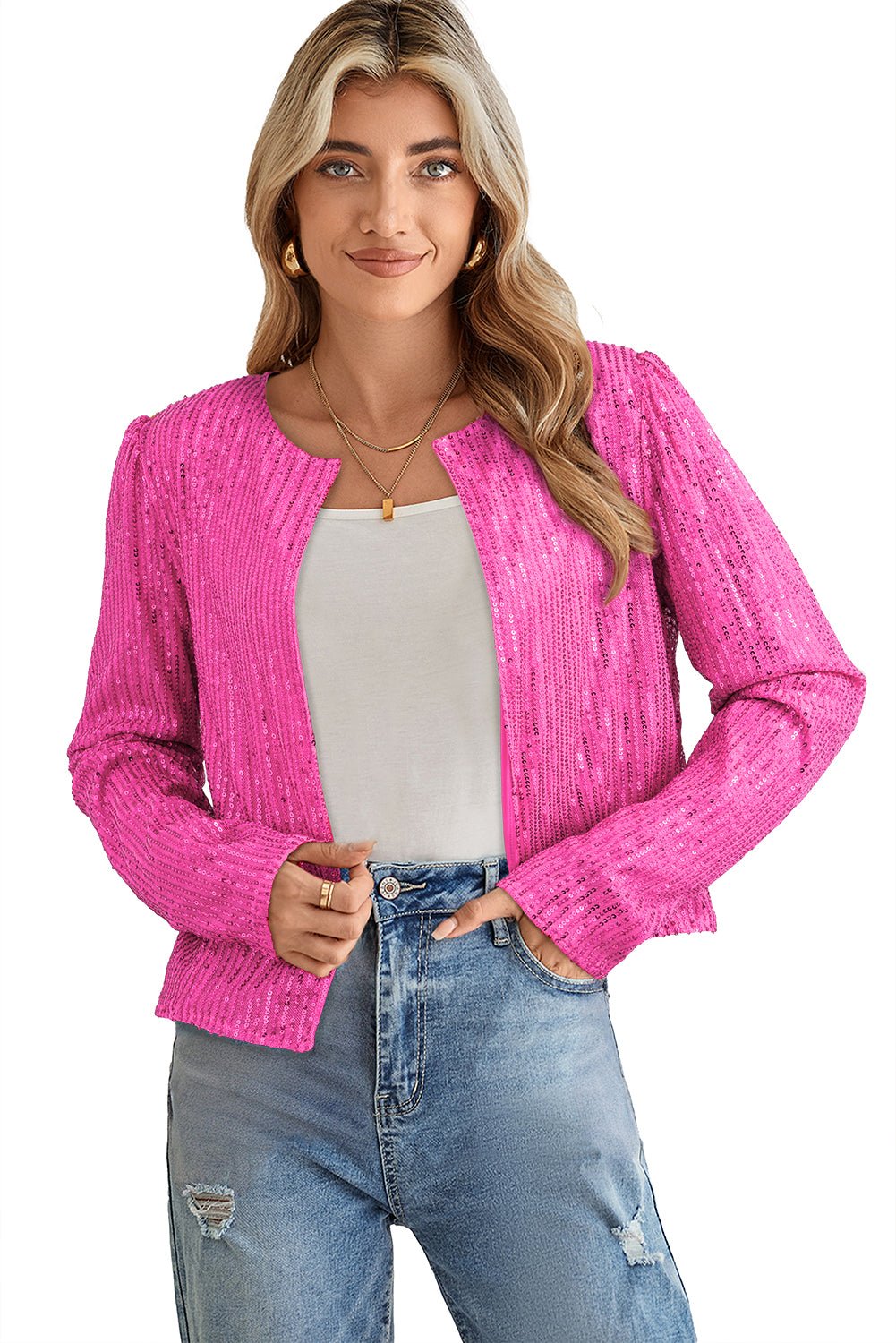 Bright Pink Sequin Round Neck Short Casual Jacket - MAD RUFFI