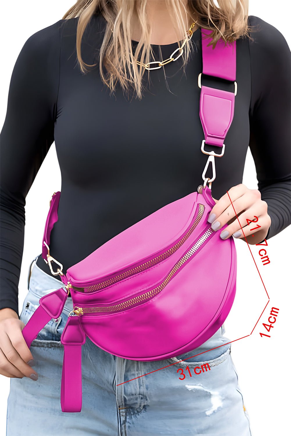 Bright Pink Strap Double Zipper Crossbody Bag - MAD RUFFI