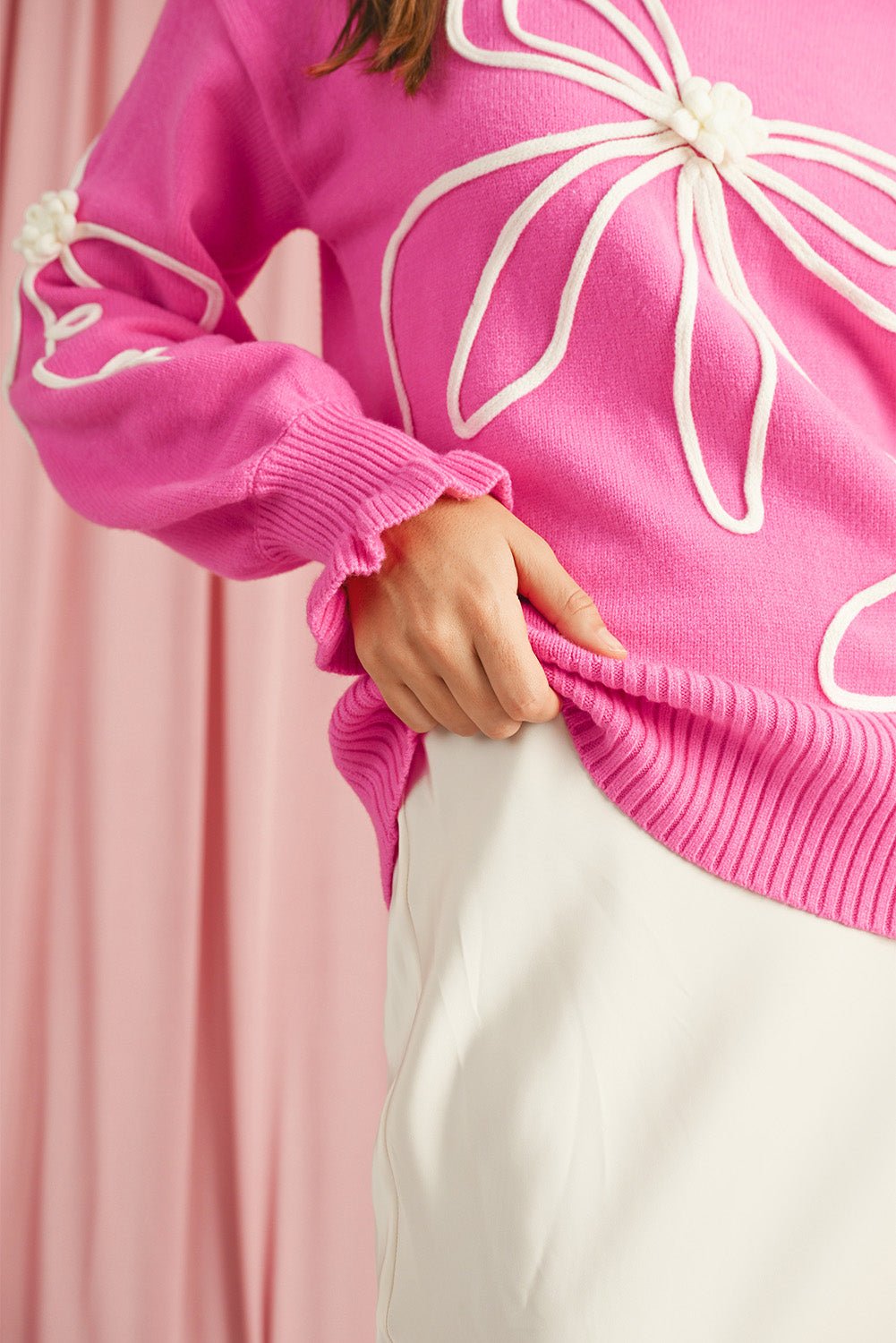 Bright Pink Sweet Bow Pattern Drop Sleeve Knit Sweater - MAD RUFFI