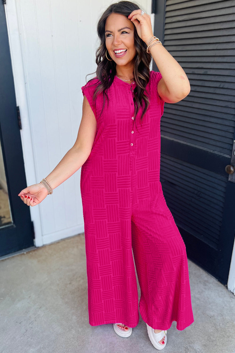 Bright Pink Terry Textured Sleeveless Button Front Wide Leg Jumpsuit - MAD RUFFI