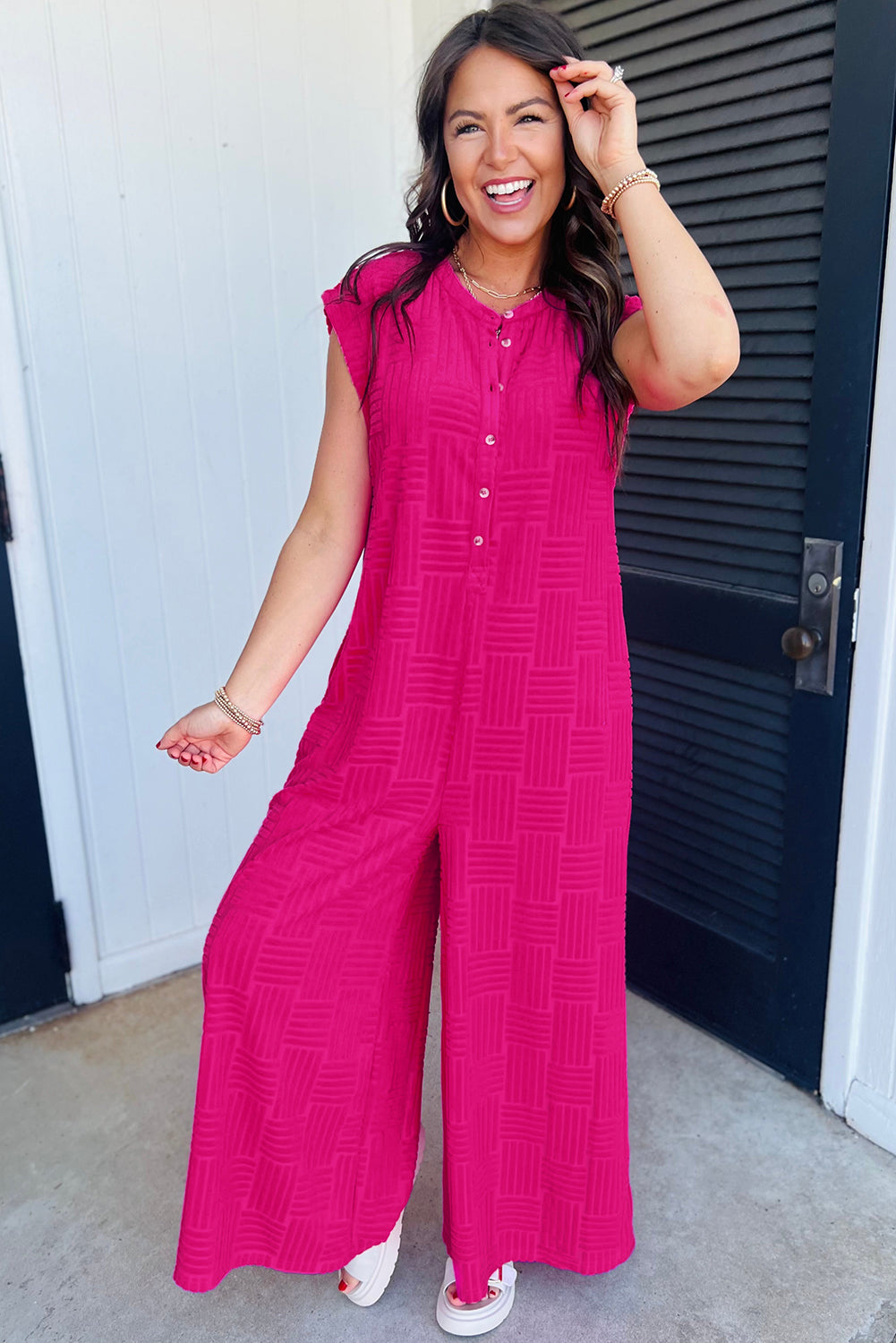 Bright Pink Terry Textured Sleeveless Button Front Wide Leg Jumpsuit - MAD RUFFI