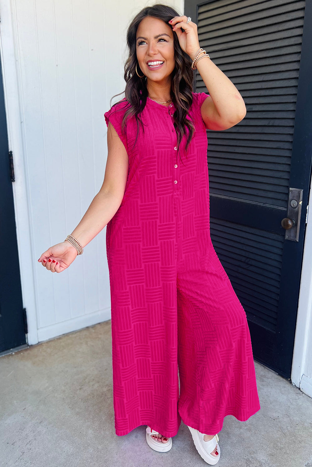 Bright Pink Terry Textured Sleeveless Button Front Wide Leg Jumpsuit - MAD RUFFI